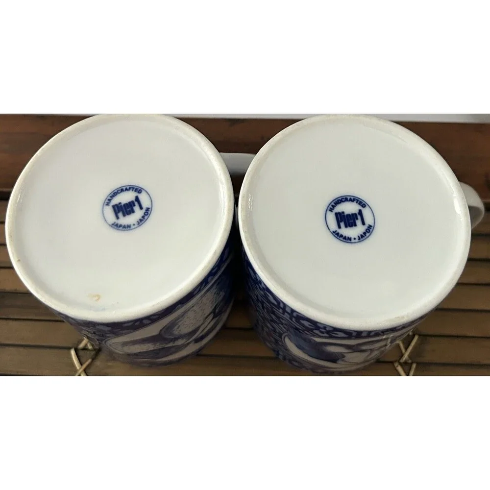 Pier 1 Cobalt Blue and White Fruit Design Cherries & Oranges Coffee Mugs EC